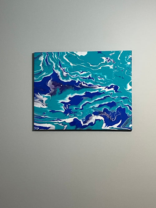Abstract painting with blue and green colors on a gray background